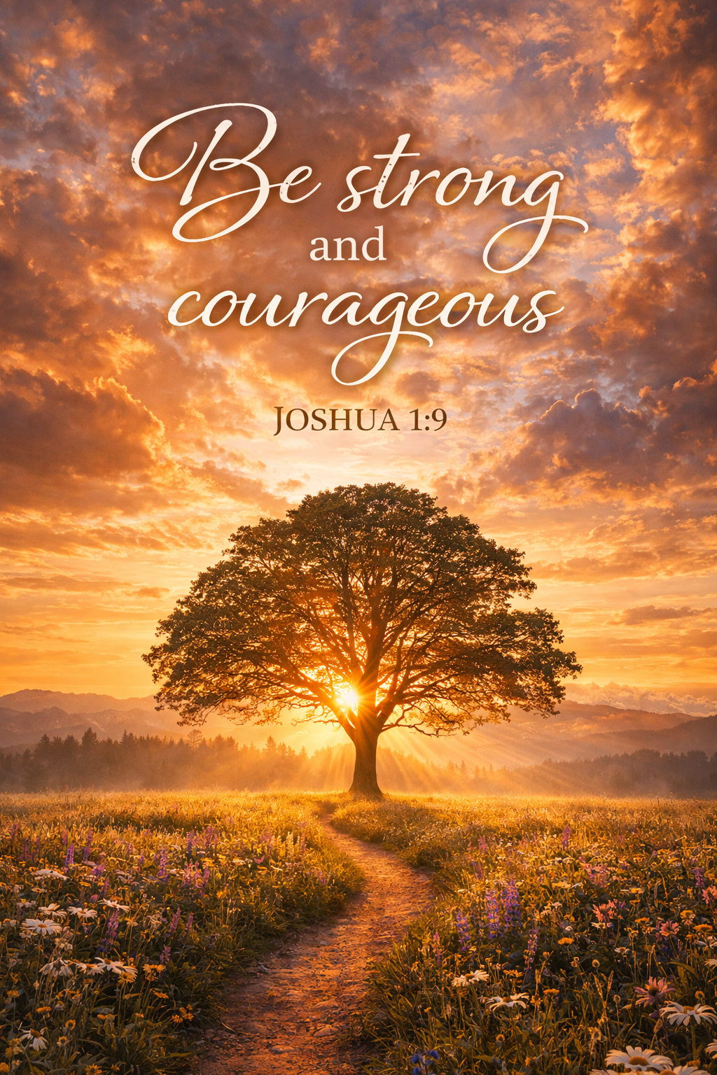 A lone tree standing strong in a golden meadow at sunset, dramatic orange and gold sky, path leading through wildflowers, text "Be strong and courageous -- Joshua 1:9" in white script -- vertical Bible verse wallpaper